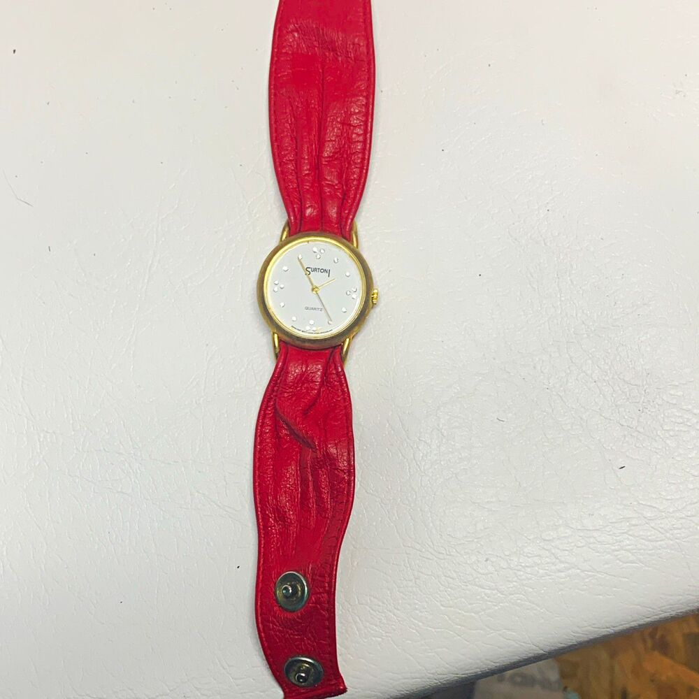 Surtoni Women’s Quartz Analog Dress Watch Gold Case Silver Dial Red Leather